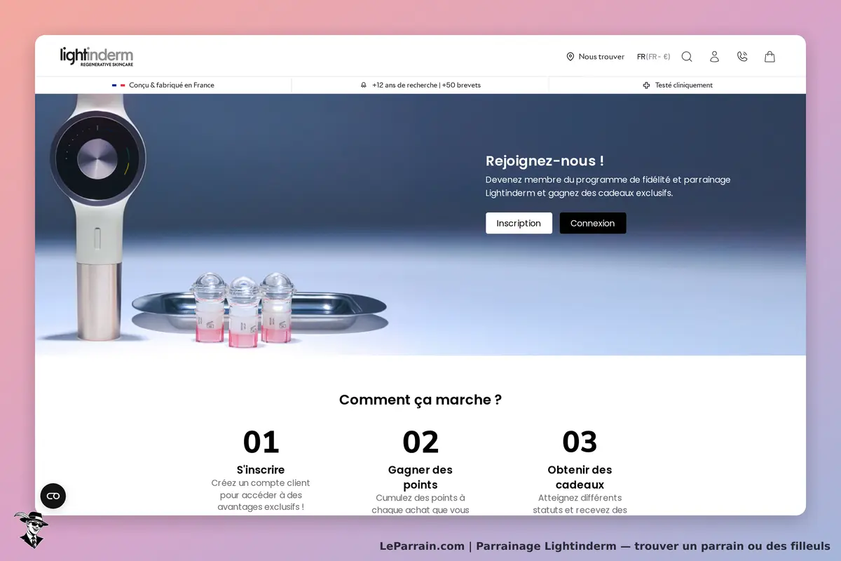 Lightinderm : page d'accueil avec un appareil de soin et des flacons sur un plateau
