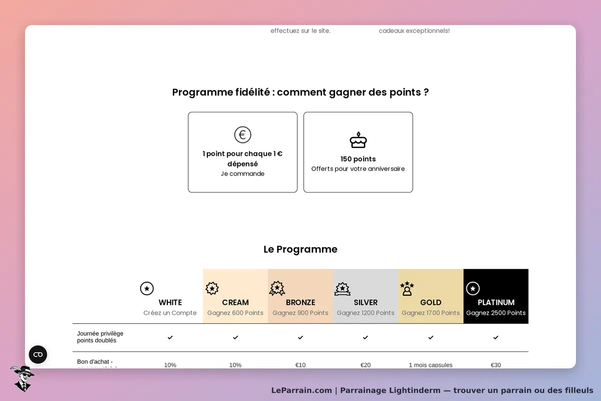 Lightinderm : programme de fidélité avec points et niveaux de récompense affichés en bas de page