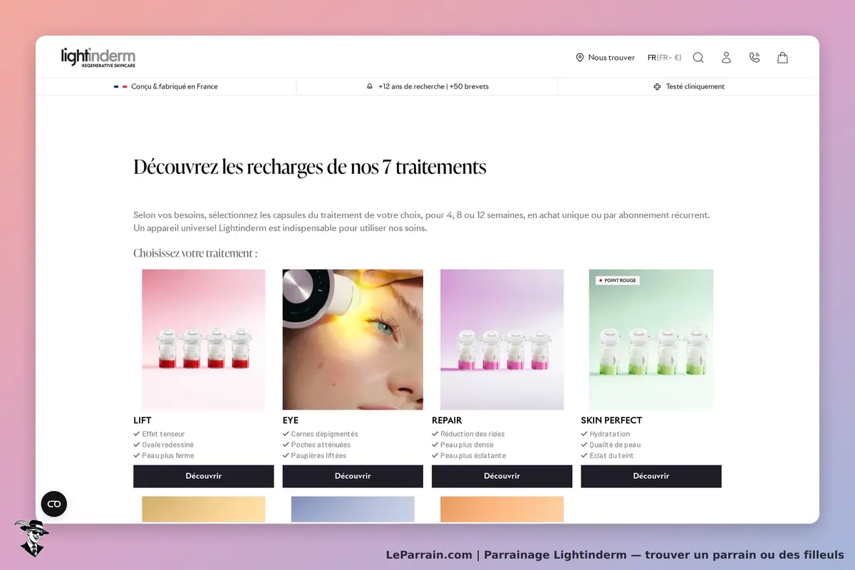 Lightinderm : page d'accueil avec sélection de traitements et capsules de soins visibles