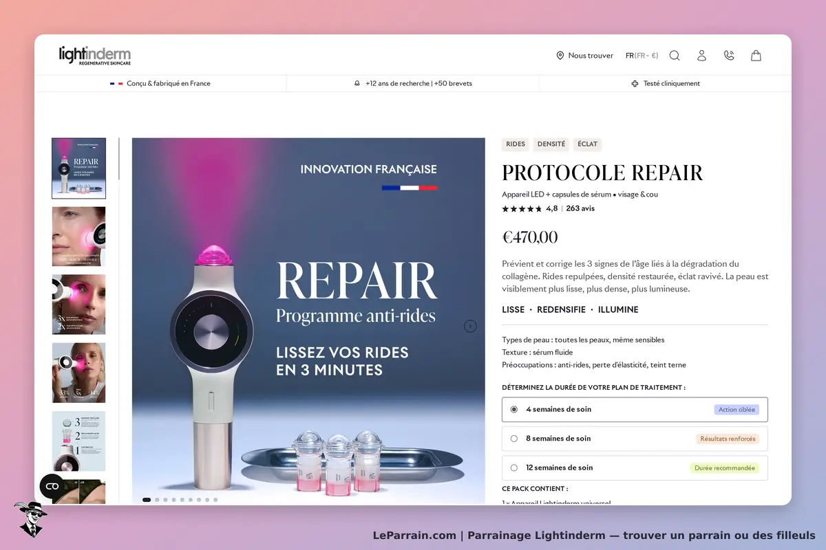 Lightinderm : page produit affichant un appareil anti-rides et des capsules de sérum