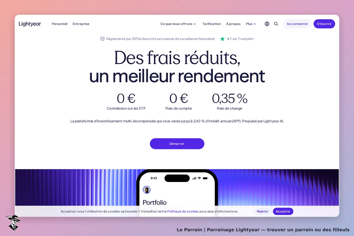Lightyear : page d'accueil avec informations sur les frais et un aperçu d'application mobile