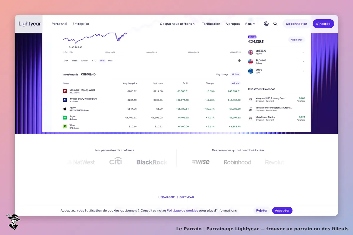 Lightyear : page d'accueil affichant des investissements et un graphique de performance
