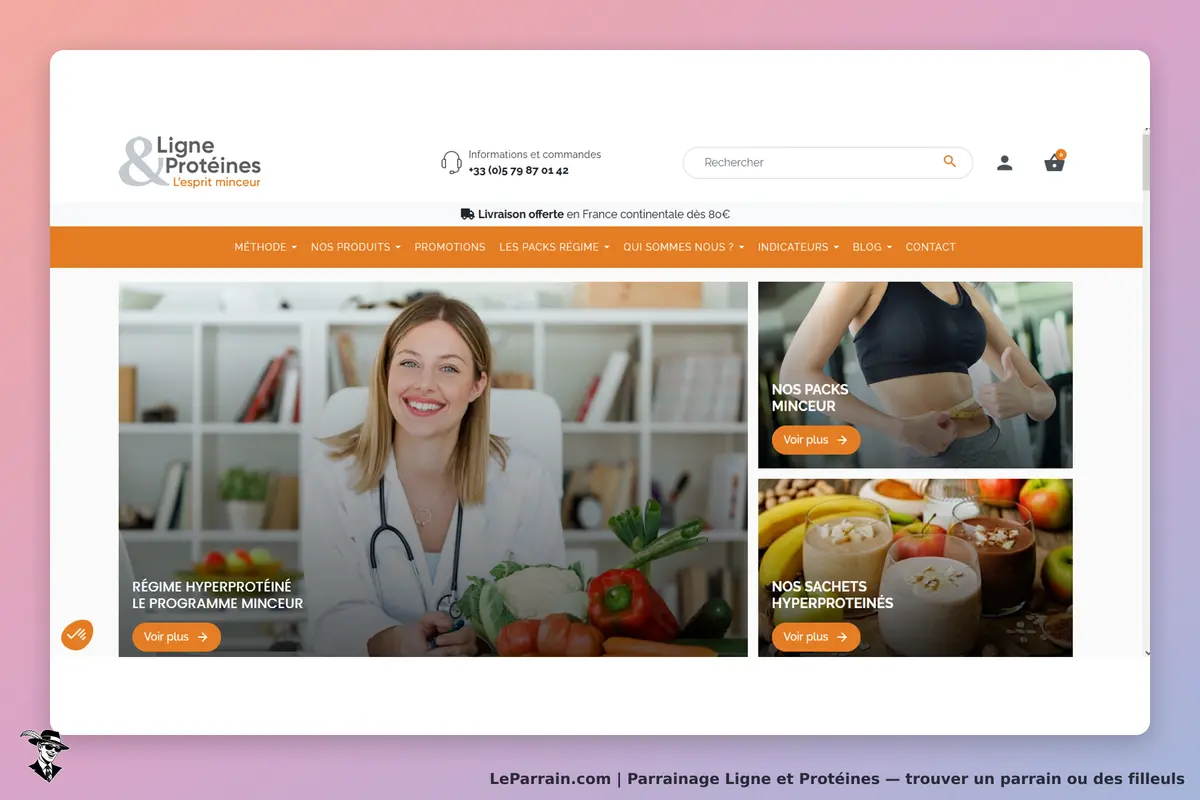 Ligne et Protéines : page d'accueil avec une diététicienne et des produits diététiques affichés