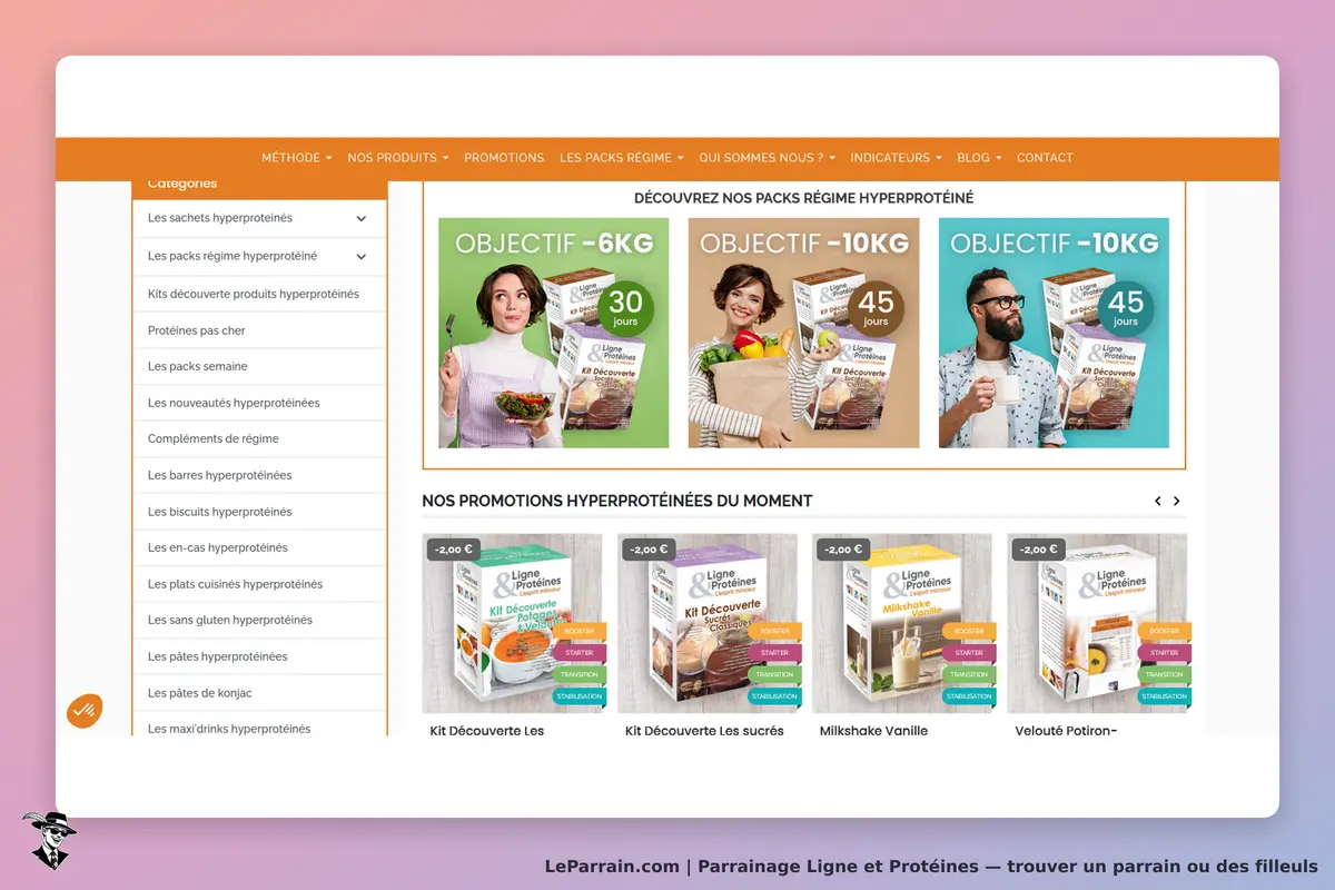 Ligne et Protéines : page d'accueil avec packs hyperprotéinés et promotions visibles