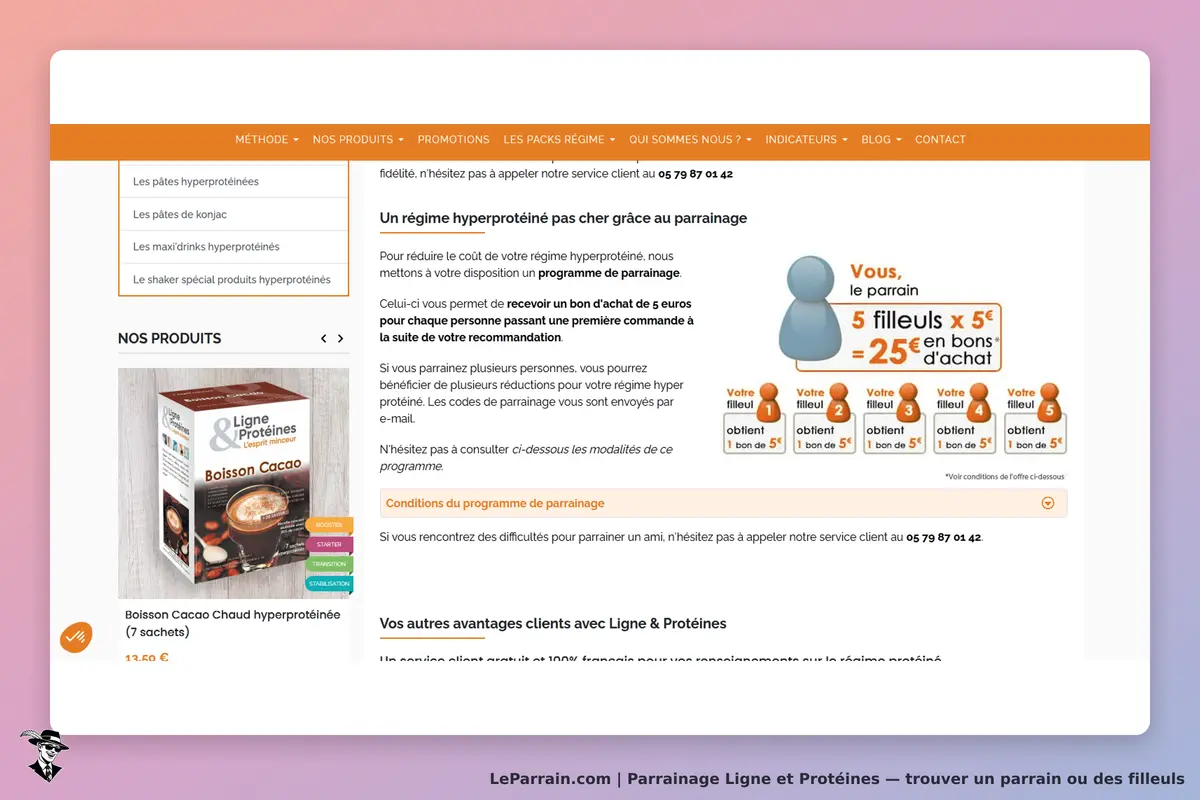 Ligne et Protéines : page d'accueil avec programme de parrainage et produit Boisson Cacao affiché