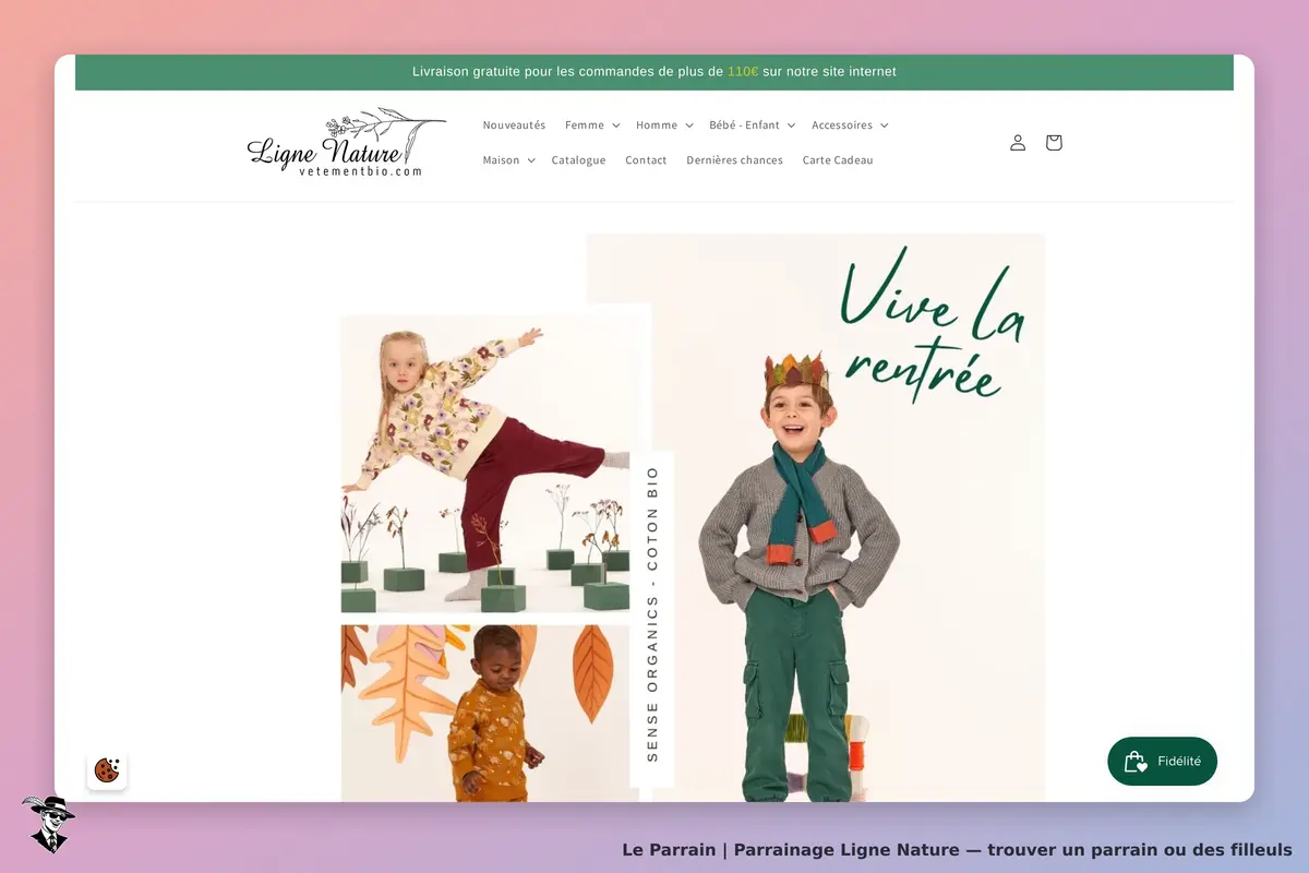 Ligne Nature : page d'accueil avec enfants portant des vêtements bio et un message sur la rentrée