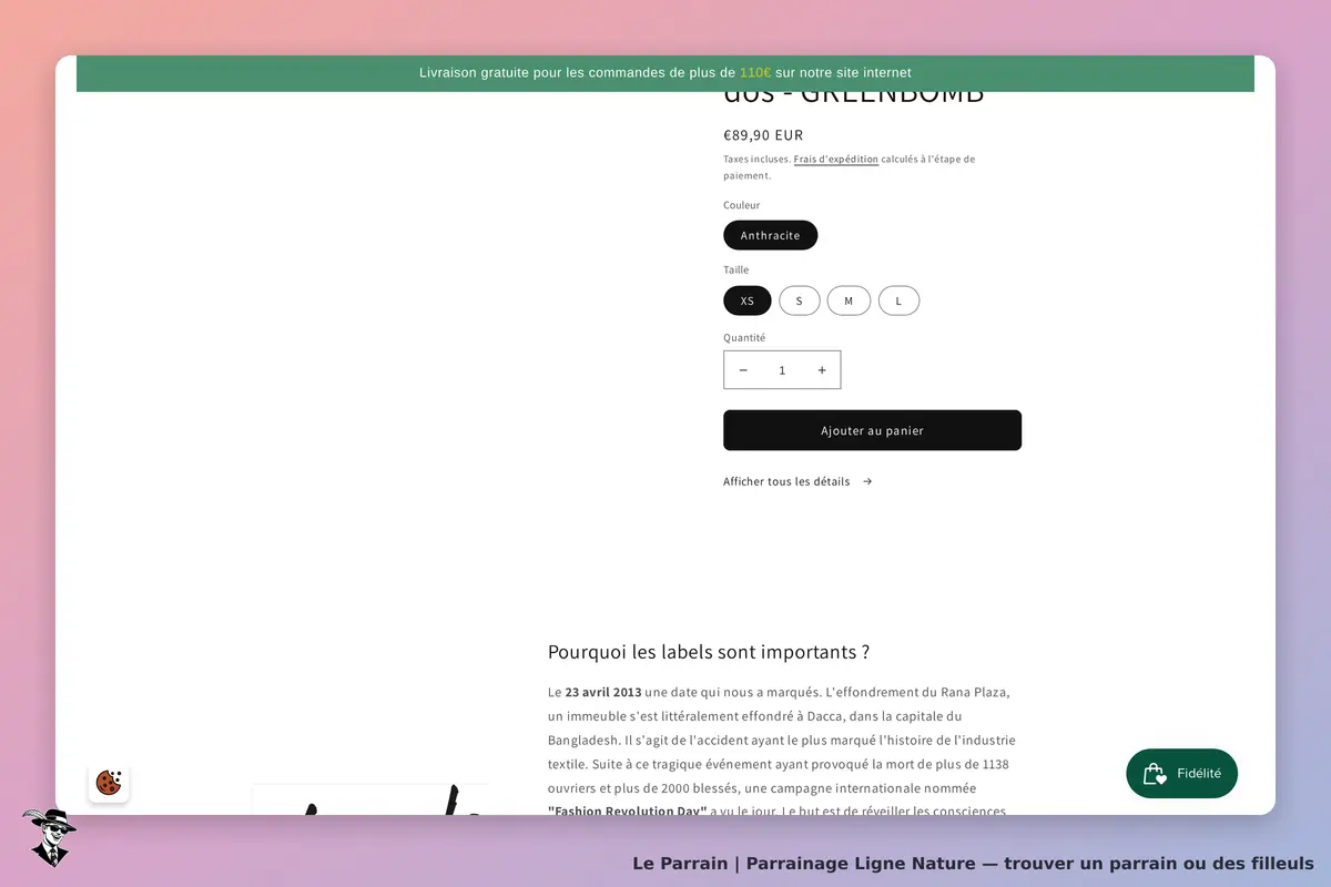 Ligne Nature : page produit avec choix de couleur, taille et quantité à ajouter au panier