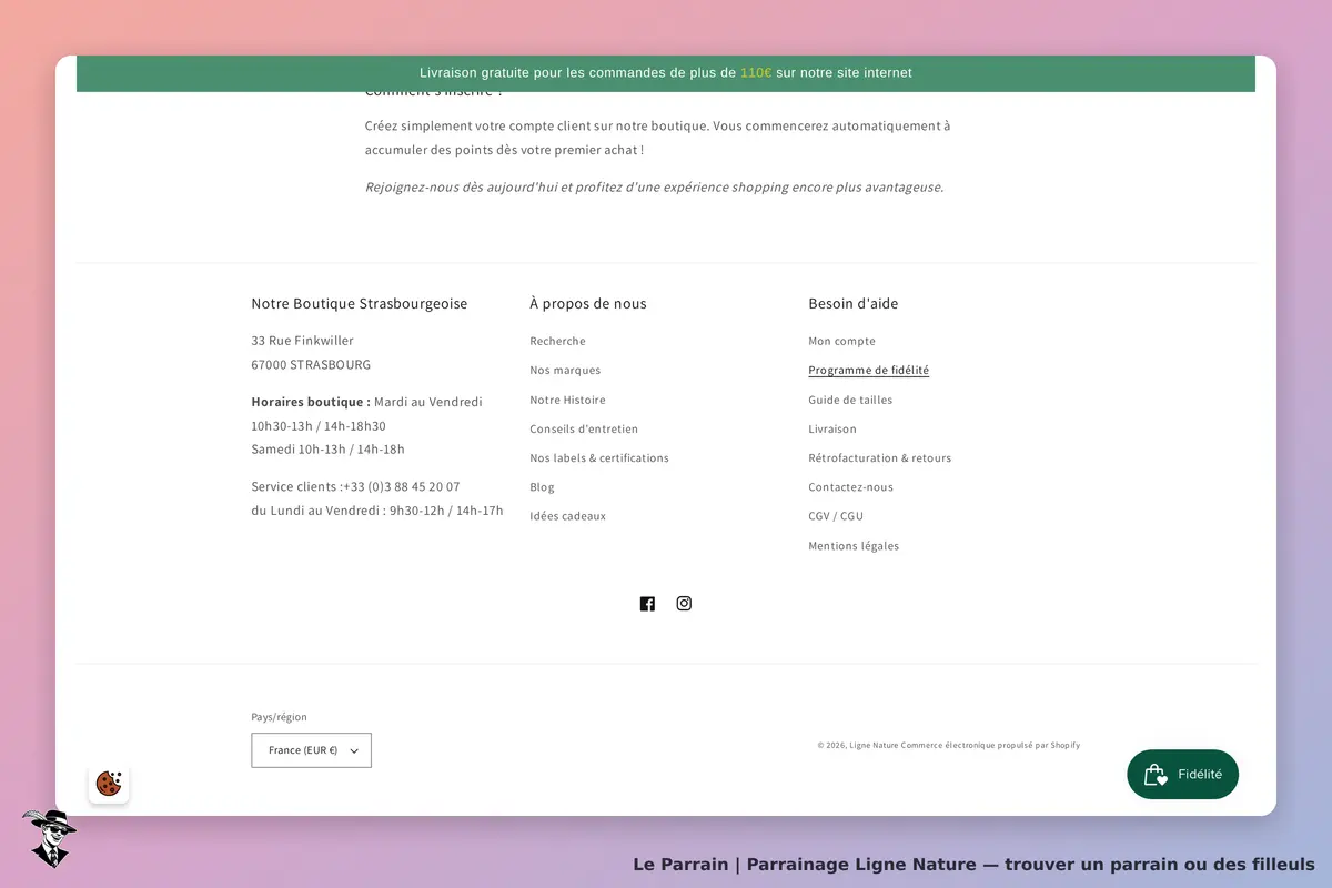Ligne Nature : informations sur la boutique, horaires, contact et liens d'aide en bas de page