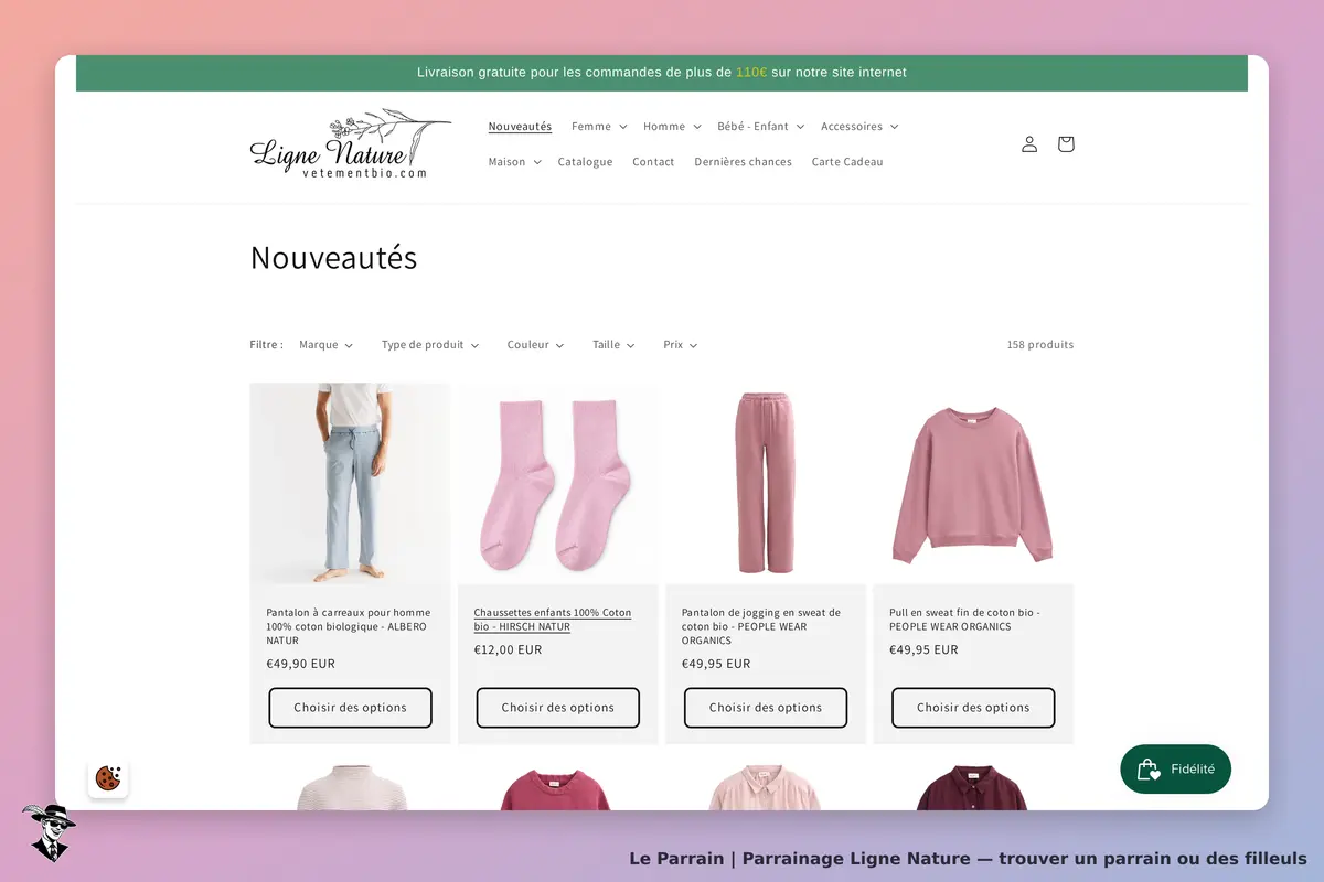 Ligne Nature : page des nouveautés avec divers vêtements en coton bio affichés en grille