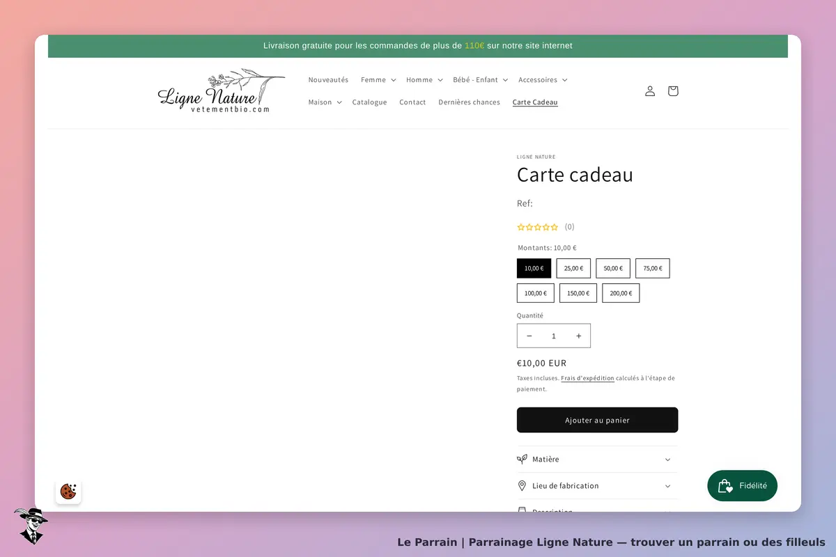 Ligne Nature : page produit pour une carte cadeau avec options de montant et quantité
