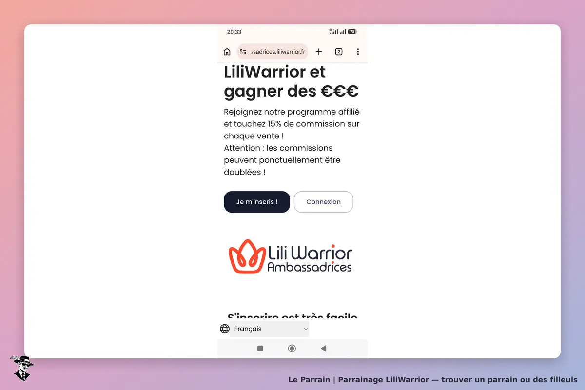 LiliWarrior : page d'accueil présentant le programme d'affiliation et les options d'inscription