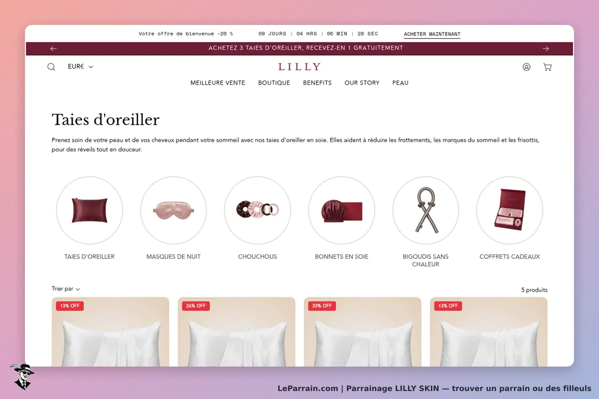 LILLY SKIN : lILLY : page d'accueil avec présentation de taies d'oreiller et produits associés