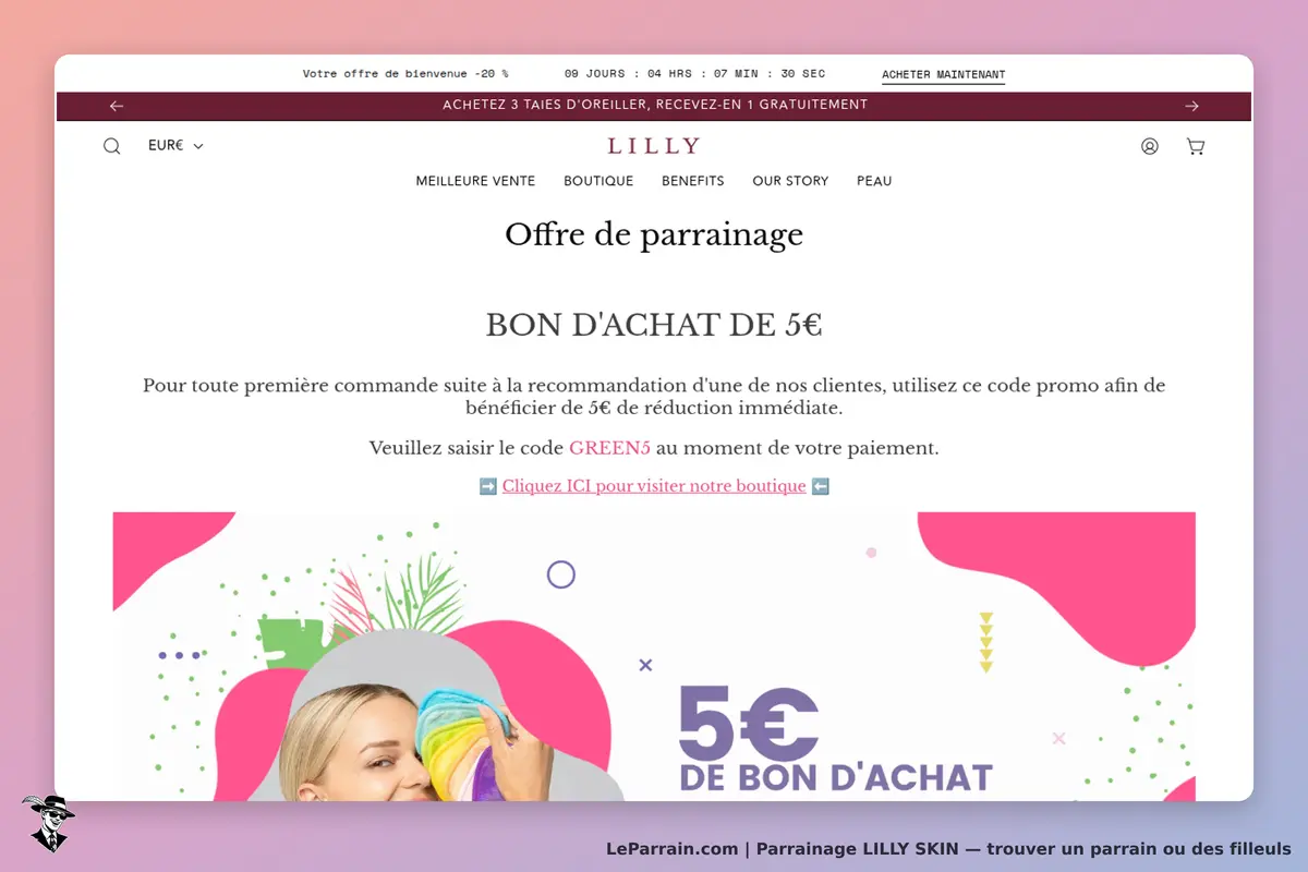 LILLY SKIN : lILLY : page d'accueil avec une offre de parrainage et un bon d'achat de 5€