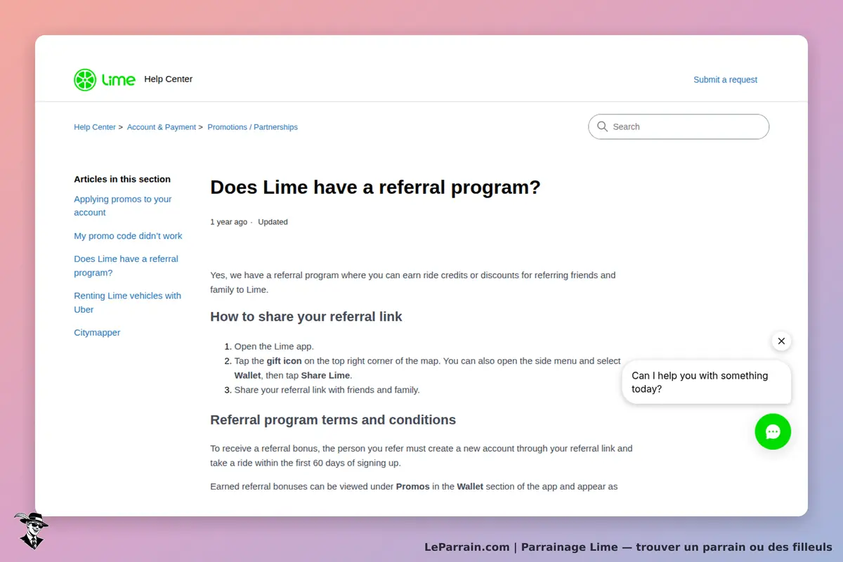 Lime : page d'aide sur le programme de parrainage avec instructions et options de contact