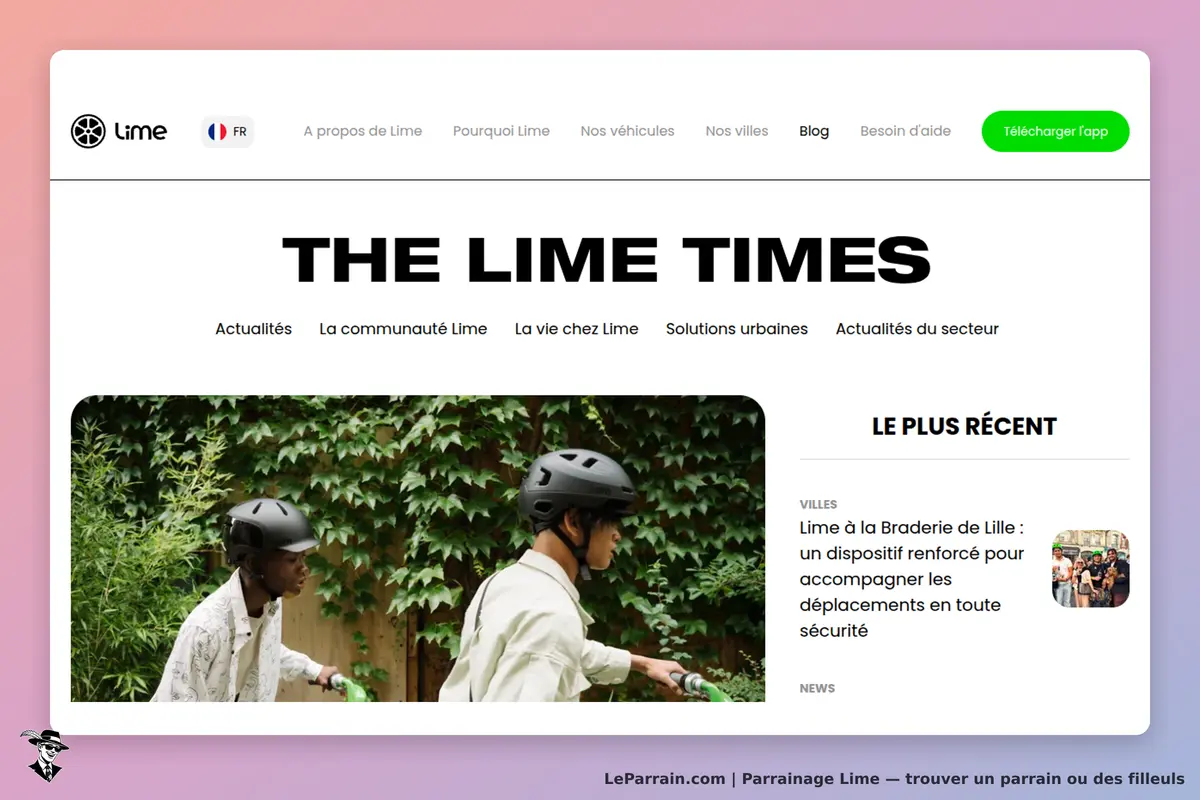Lime : page d'accueil avec actualités et image d'utilisateurs de trottinettes électriques