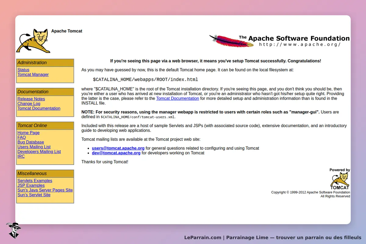 Lime : apache Tomcat : page d'accueil avec des sections pour l'administration et la documentation