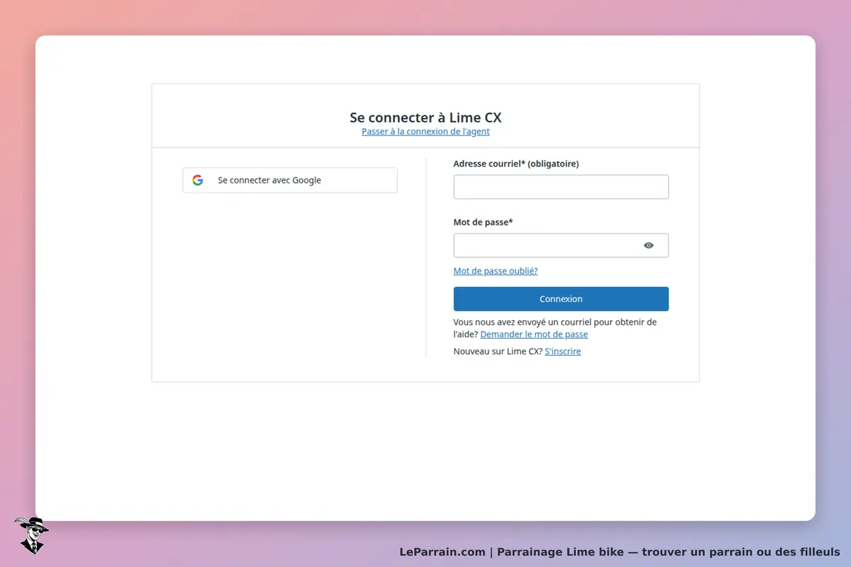 Lime bike : page de connexion avec champs pour email et mot de passe, et option de connexion Google