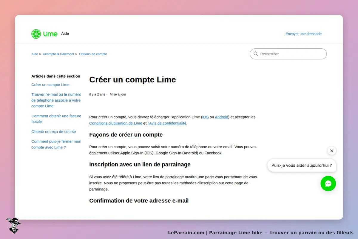 Lime bike : lime : page d'aide pour créer un compte avec options d'inscription et confirmation