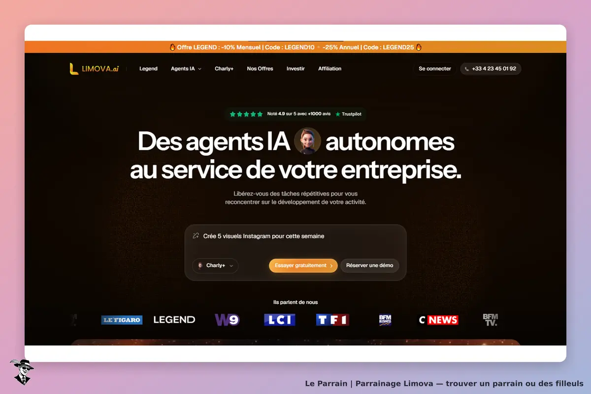 Limova : page d'accueil présentant des agents IA pour les entreprises avec un bouton d'essai