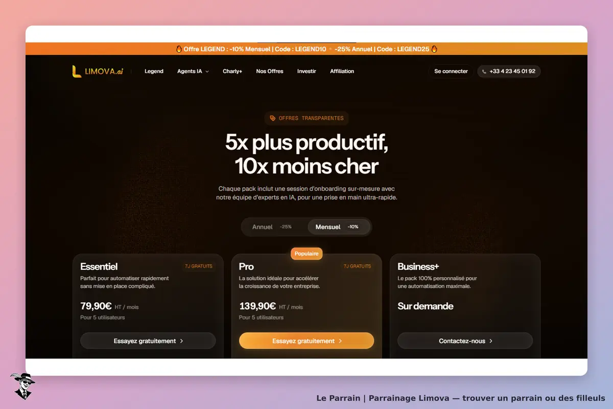 Limova : page d'accueil présentant trois offres de services avec boutons d'essai gratuit