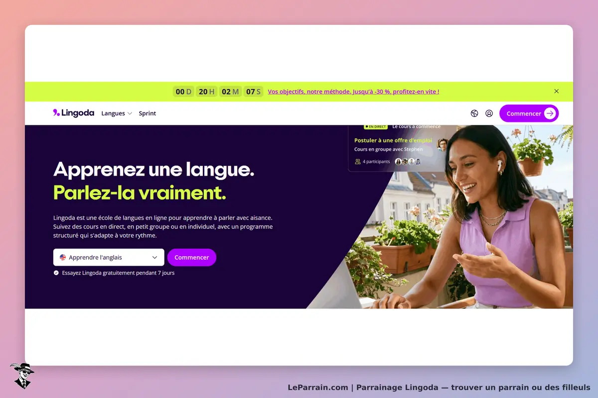 Lingoda : page d'accueil avec un message sur l'apprentissage des langues et une élève en cours