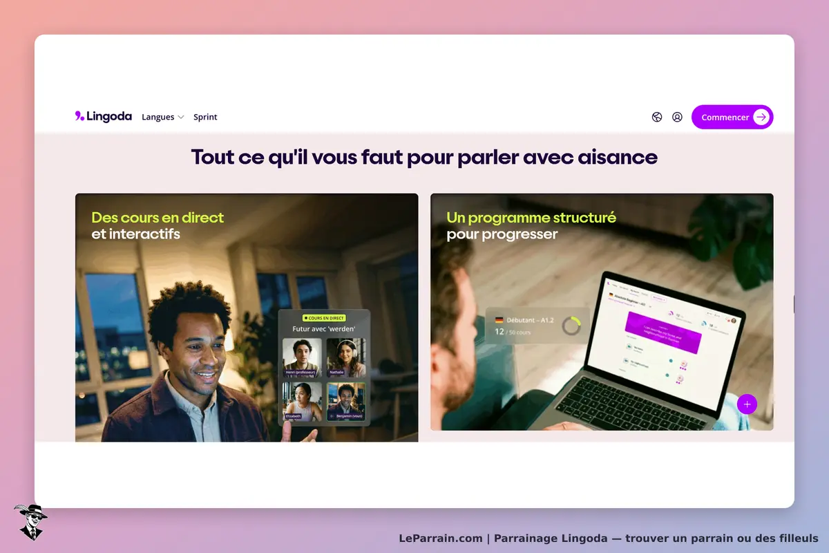 Lingoda : page d'accueil avec cours en direct et programme structuré pour progresser