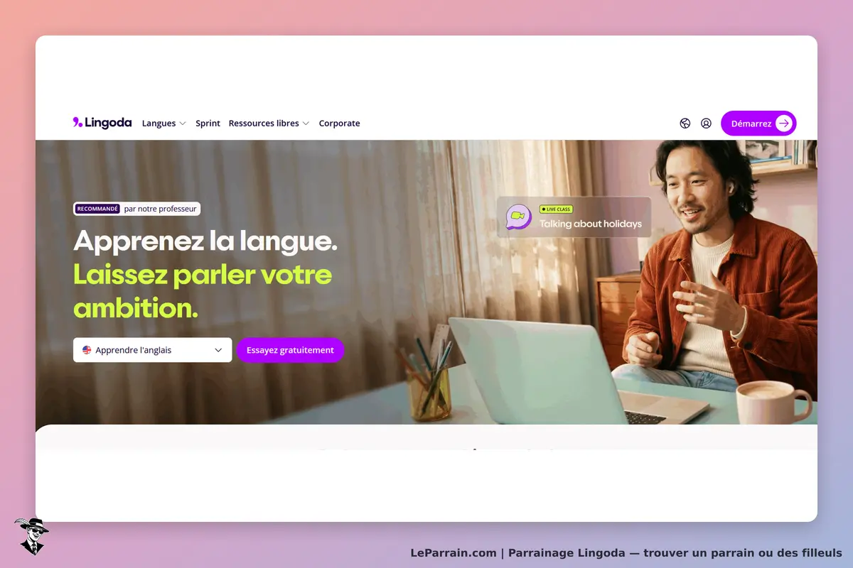 Lingoda : page d'accueil avec un homme parlant devant un ordinateur, texte sur l'apprentissage des