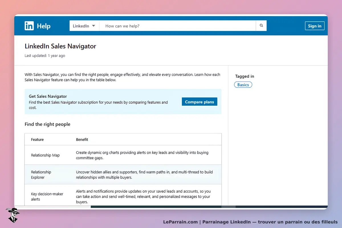 LinkedIn : page d'aide sur Sales Navigator avec fonctionnalités et avantages listés