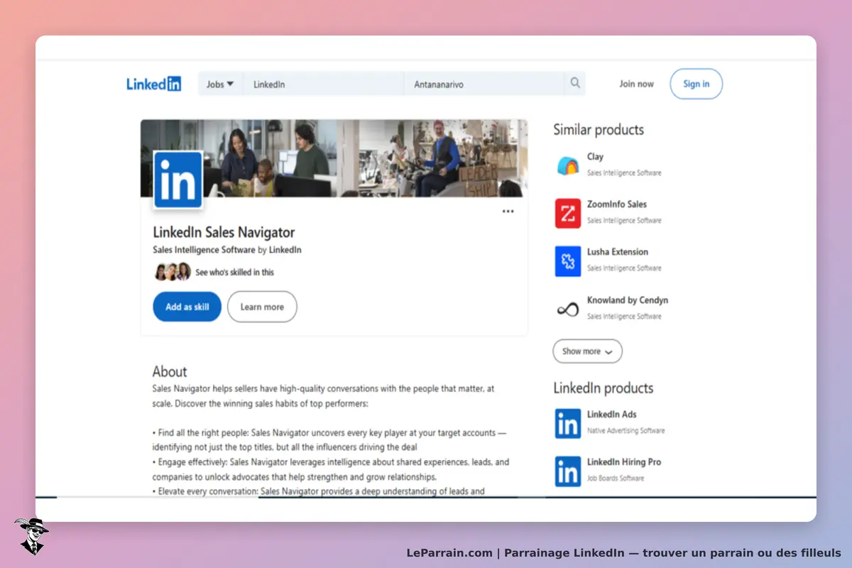 LinkedIn : page du produit Sales Navigator avec description et options d'interaction