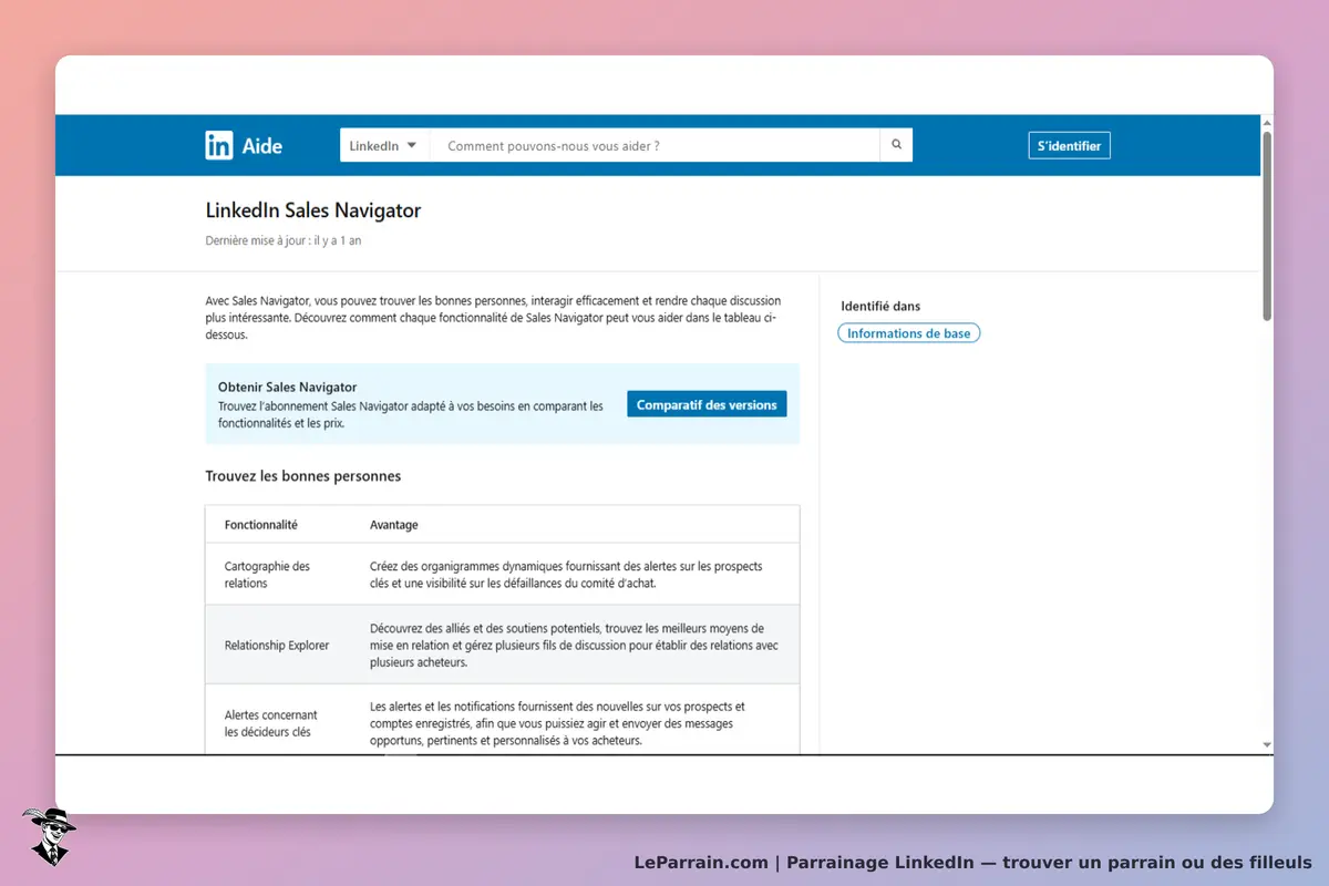 LinkedIn : page d'aide sur Sales Navigator avec fonctionnalités et avantages présentés
