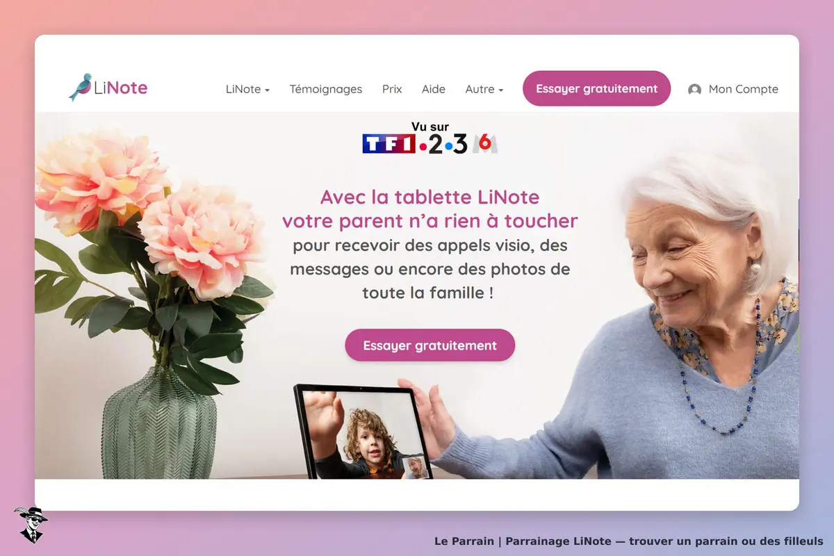 LiNote : page d'accueil avec fleurs, texte explicatif et image d'une tablette montrant un appel
