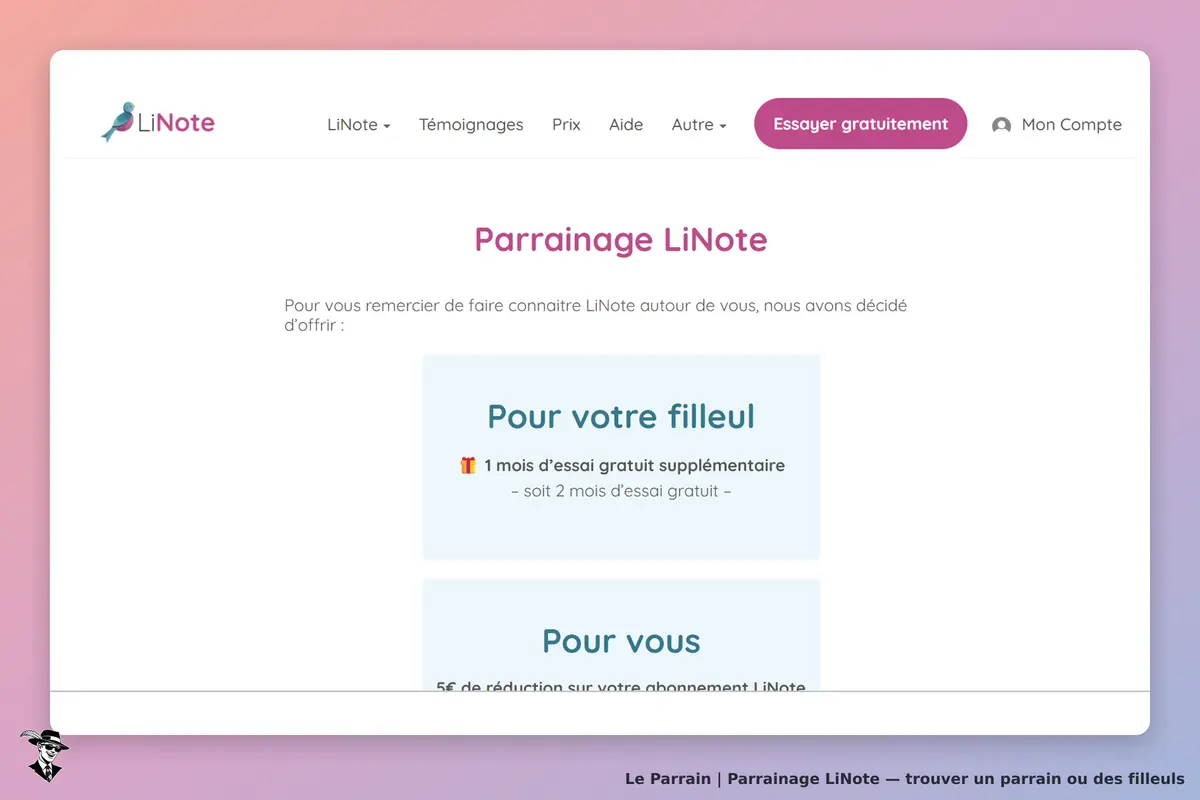LiNote : page d'accueil présentant le programme de parrainage avec deux sections distinctes