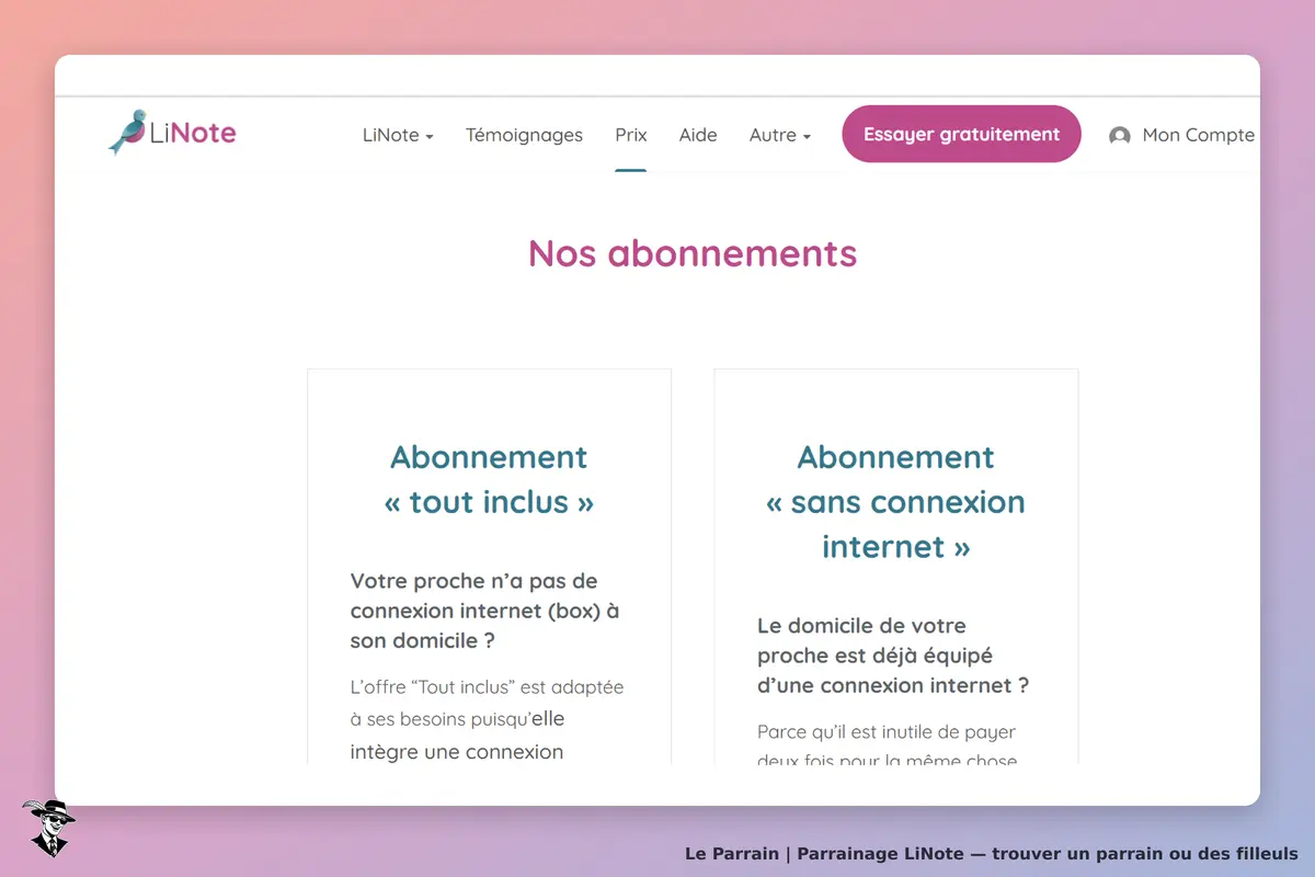LiNote : page présentant deux types d'abonnements avec descriptions et questions