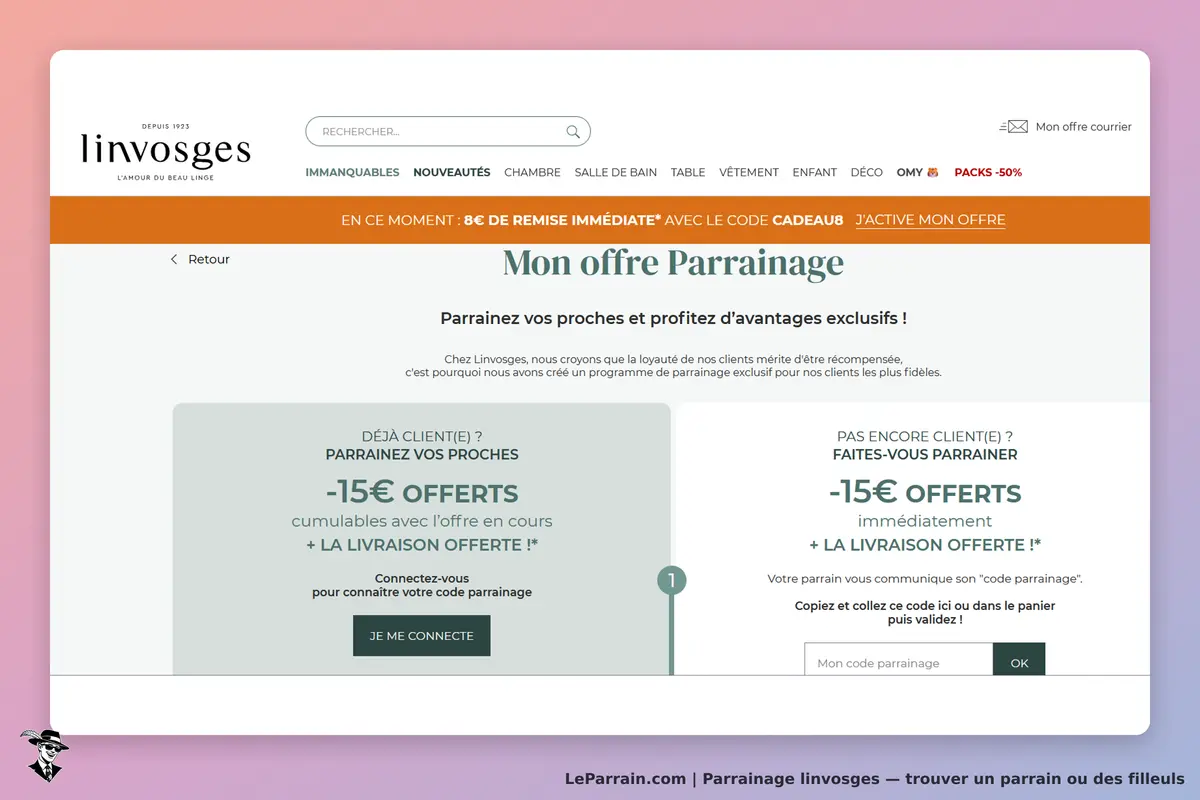 linvosges : page d'accueil avec section sur le parrainage et options de connexion