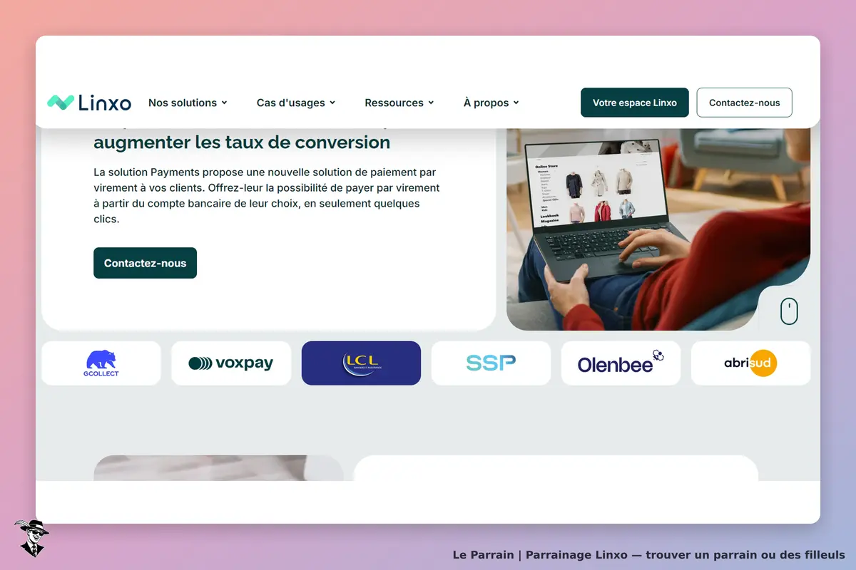 Linxo : page d'accueil présentant une solution de paiement avec un ordinateur et des vêtements