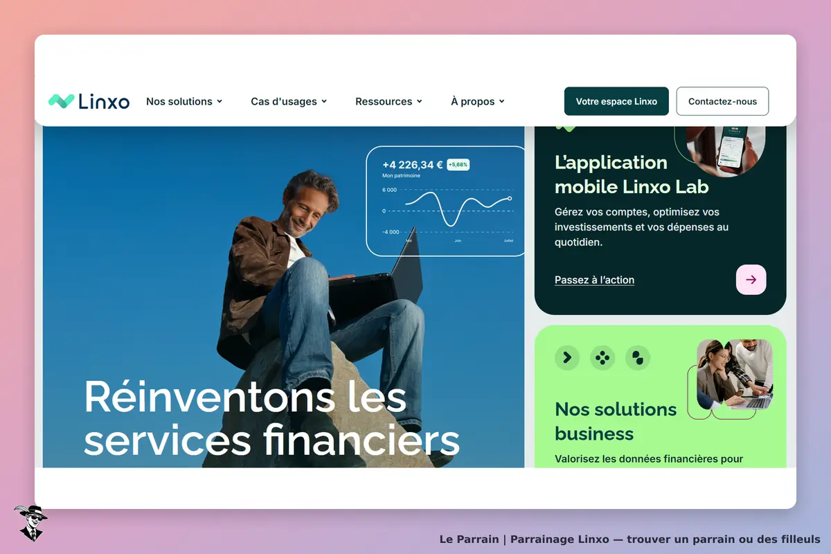 Linxo : page d'accueil avec un homme souriant utilisant un ordinateur portable en extérieur