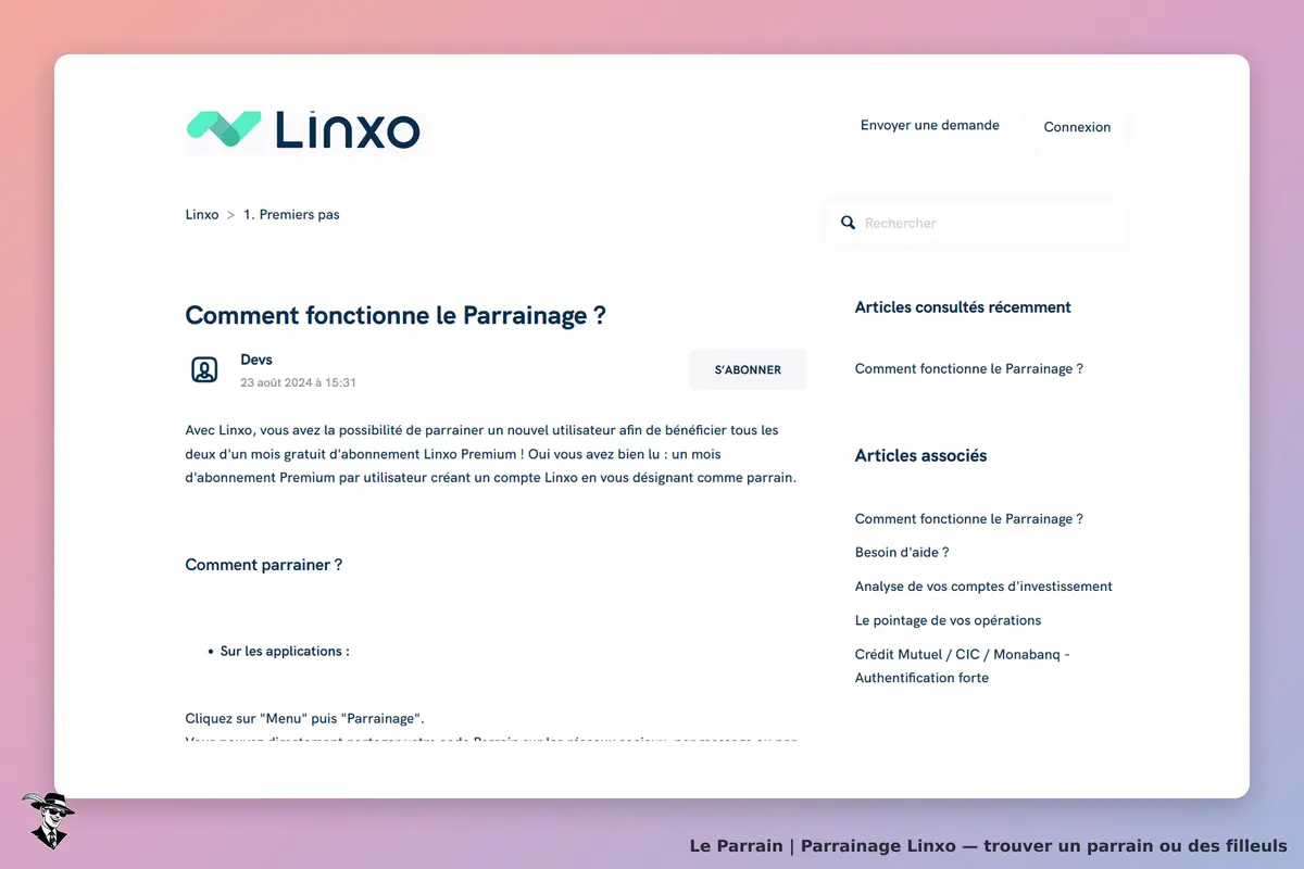 Linxo : page expliquant le fonctionnement du parrainage avec des articles associés