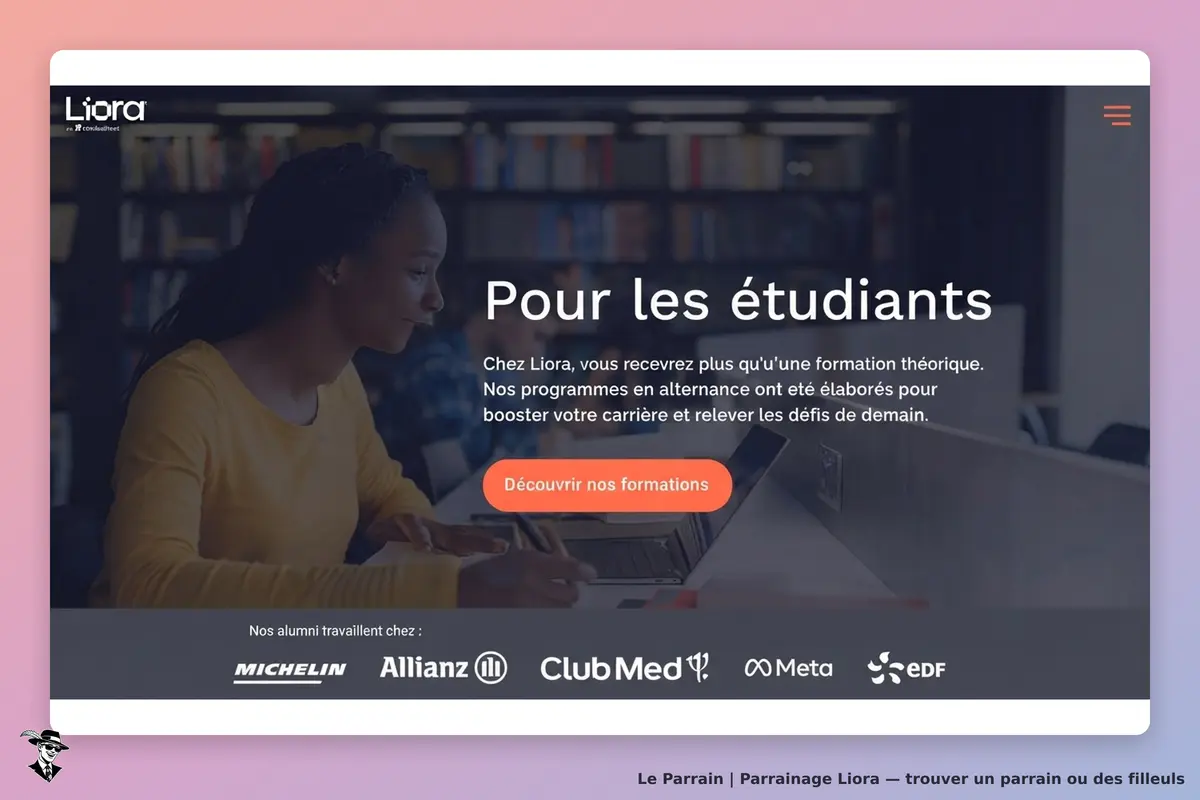 Liora : page d'accueil présentant des formations pour étudiants avec un étudiant utilisant un