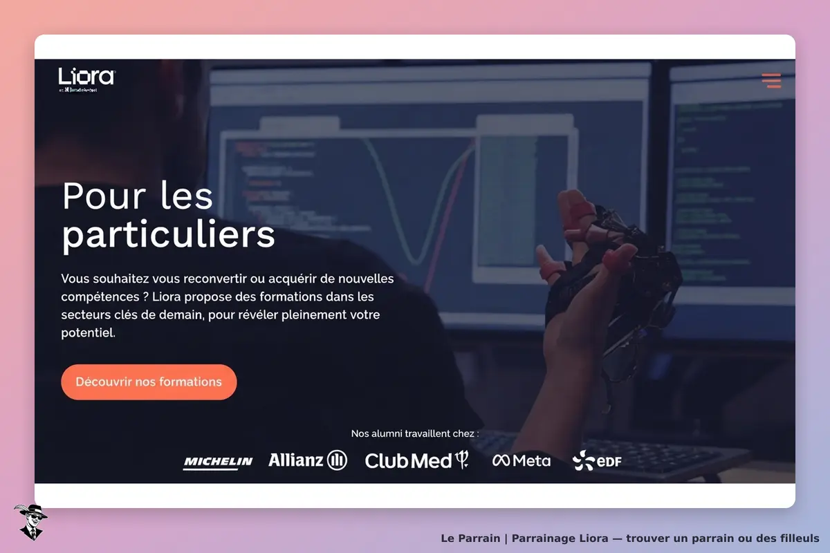 Liora : page d'accueil présentant des formations pour particuliers avec un visuel de code