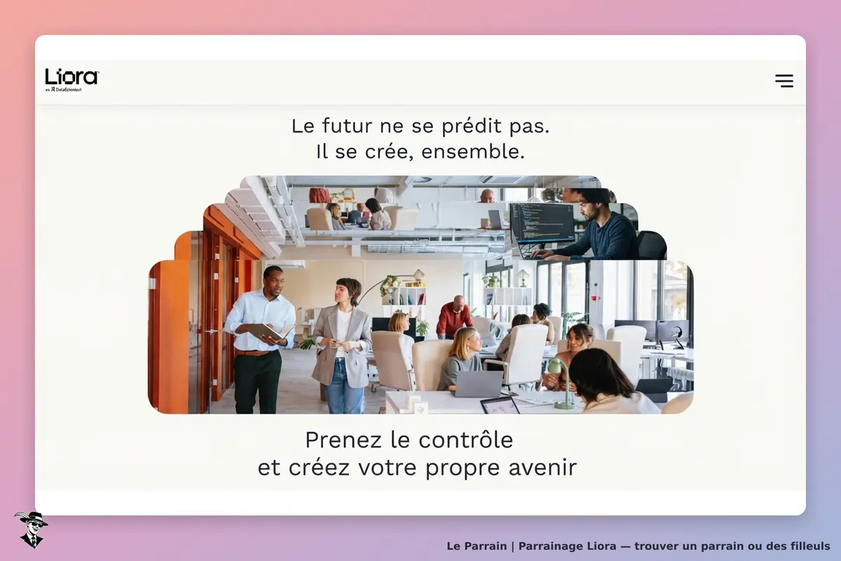 Liora : page d'accueil avec des personnes collaborant dans un espace de travail moderne