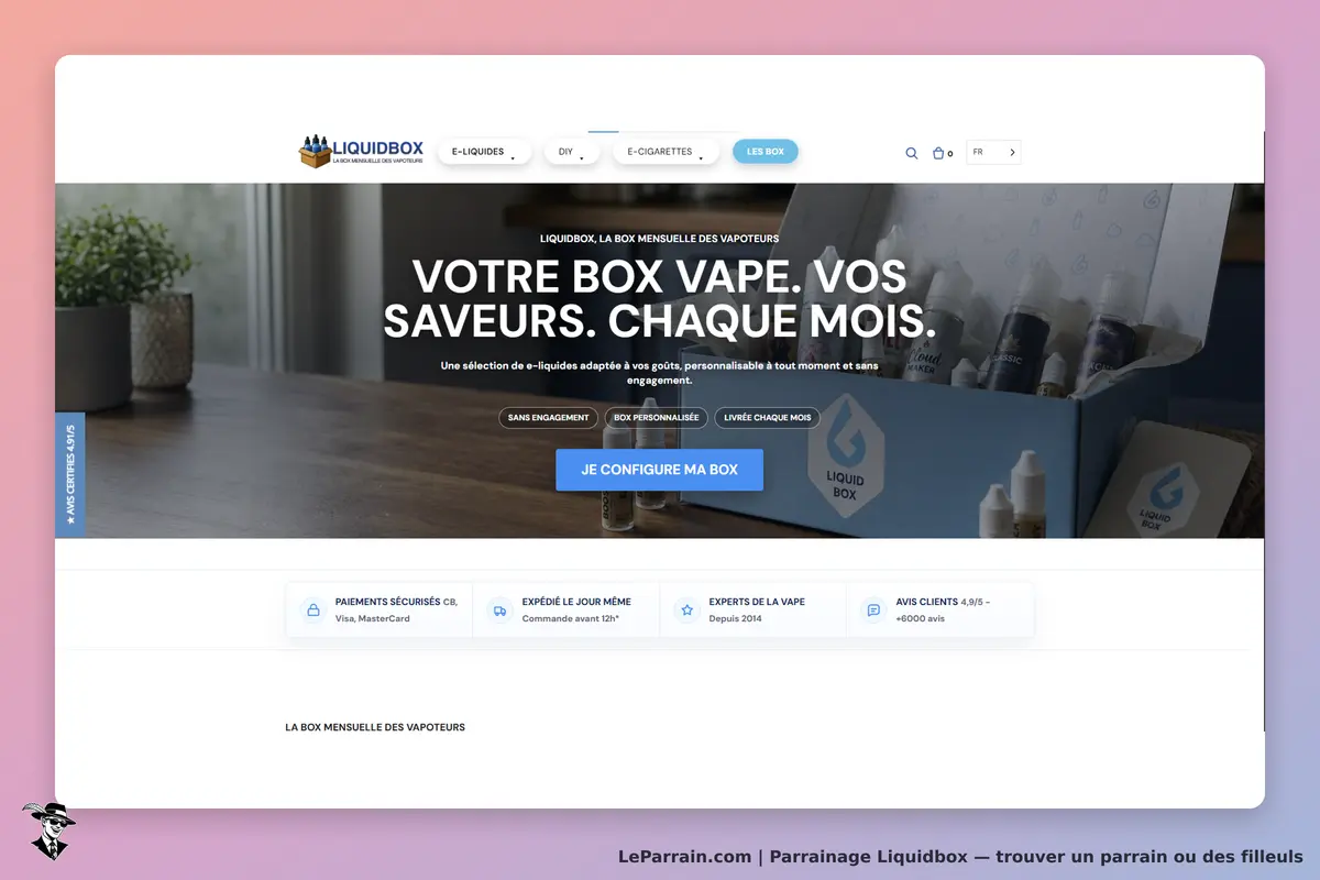 Liquidbox : page d'accueil avec une box de e-liquides et un bouton de configuration