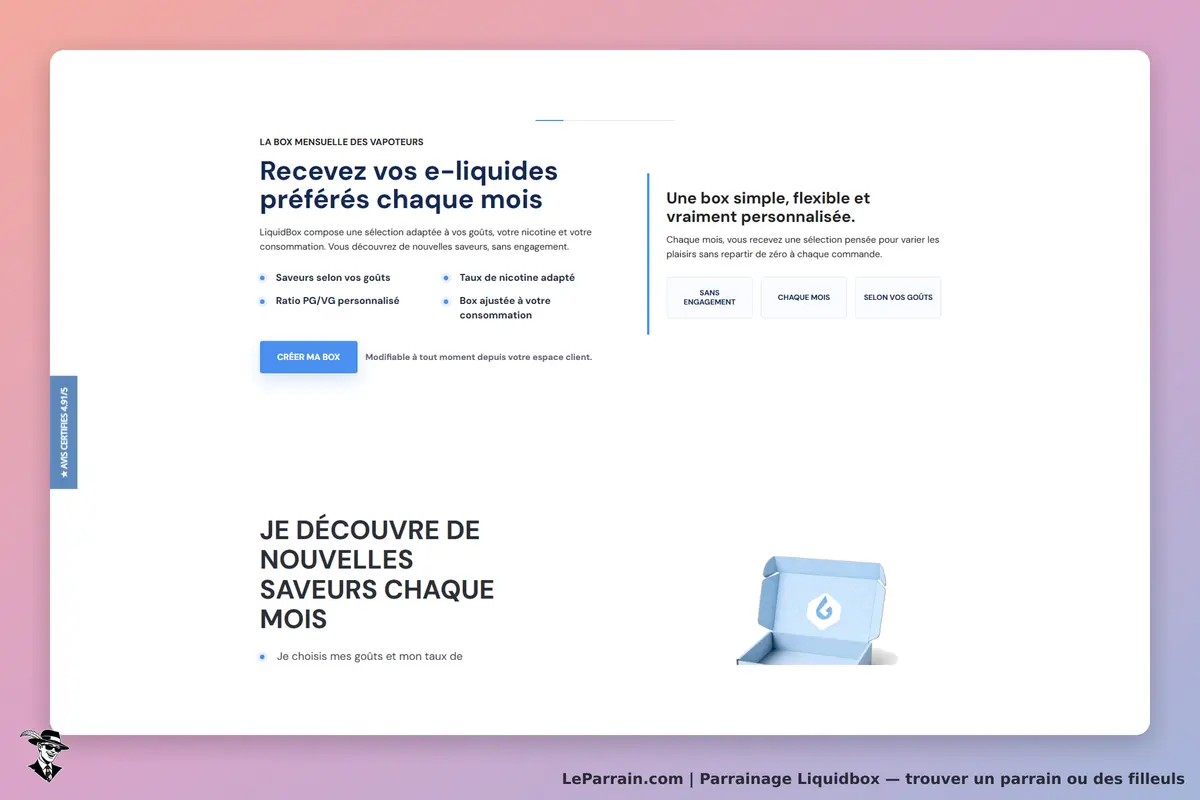 Liquidbox : page d'accueil présentant un service de sélection d'e-liquides personnalisés