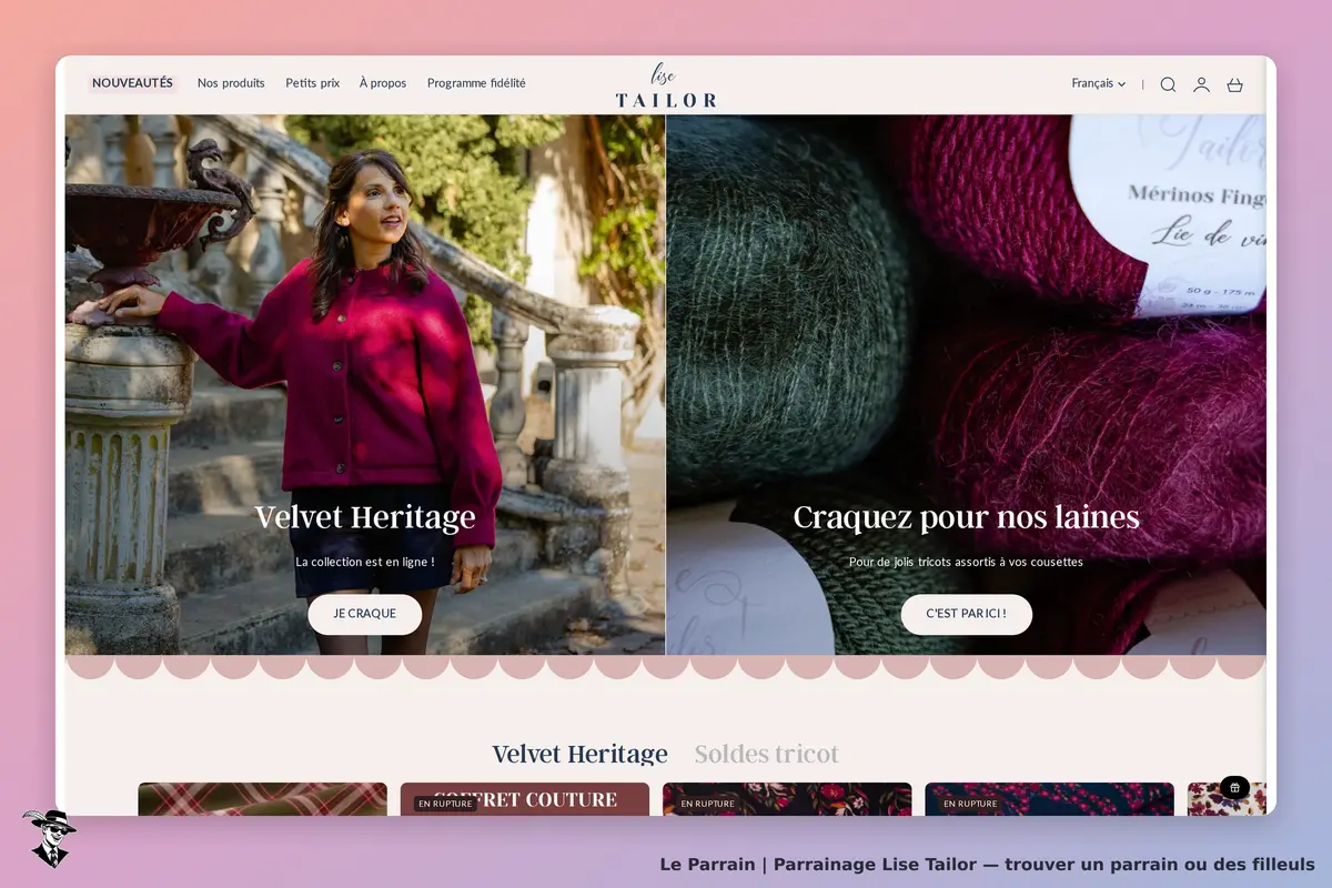 Lise Tailor : page d'accueil avec un modèle en pull bordeaux et des pelotes de laine colorées