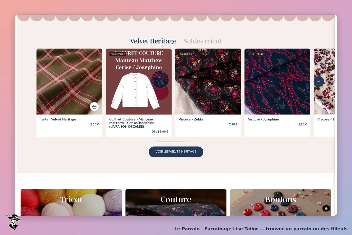 Lise Tailor : page d'accueil avec divers produits textiles et sections de navigation