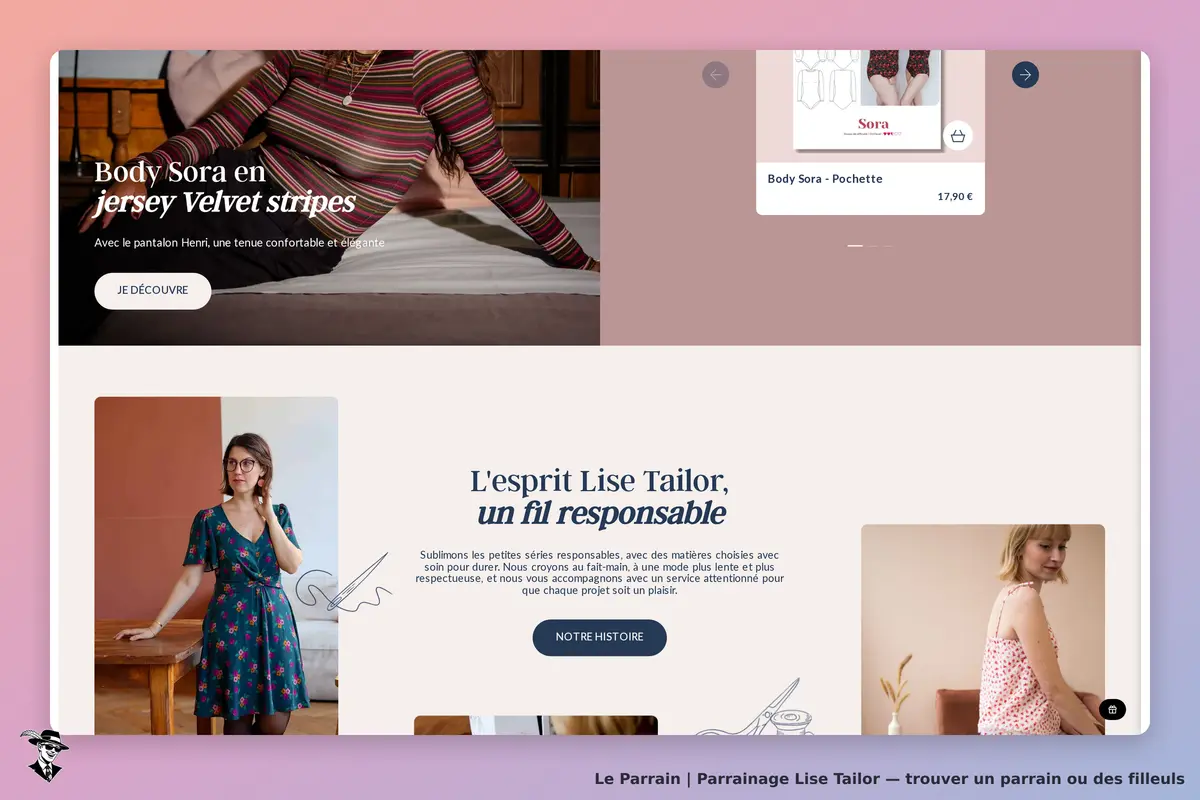 Lise Tailor : page d'accueil avec produits et texte sur l'esprit de la marque