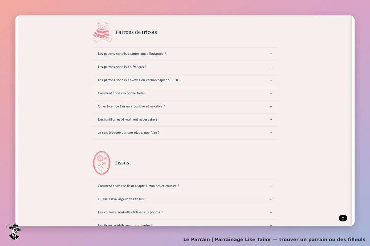 Lise Tailor : section FAQ sur les patrons de tricot et les tissus, avec questions déroulantes