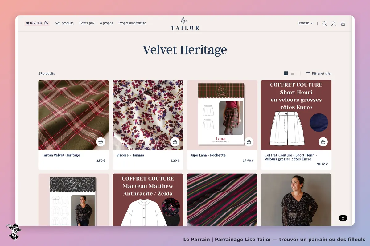 Lise Tailor : page catégorie "Velvet Heritage" avec divers produits de couture affichés