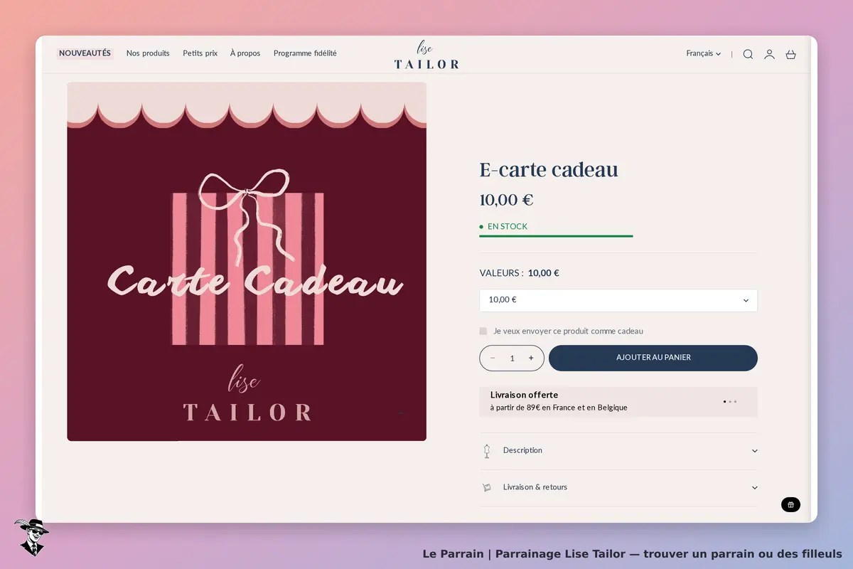 Lise Tailor : page produit pour une e-carte cadeau avec visuel et options d'achat