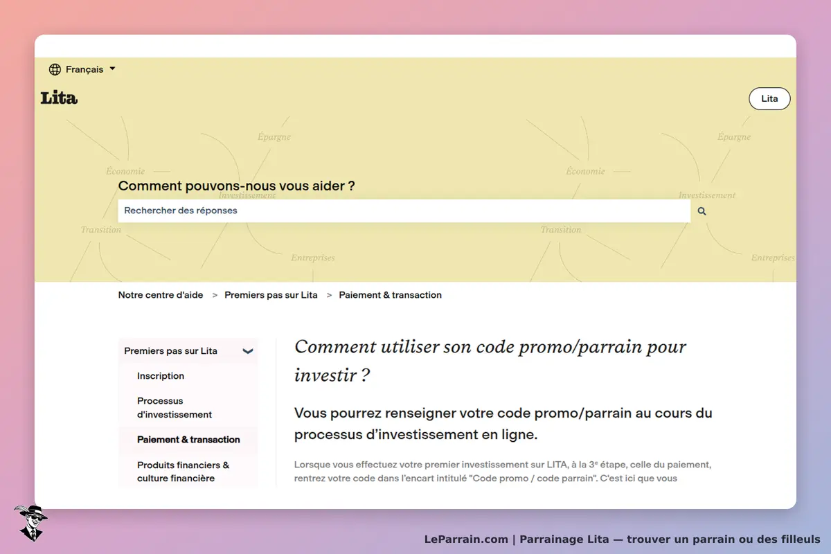 Lita : page d'accueil avec un centre d'aide et des options de navigation sur l'investissement