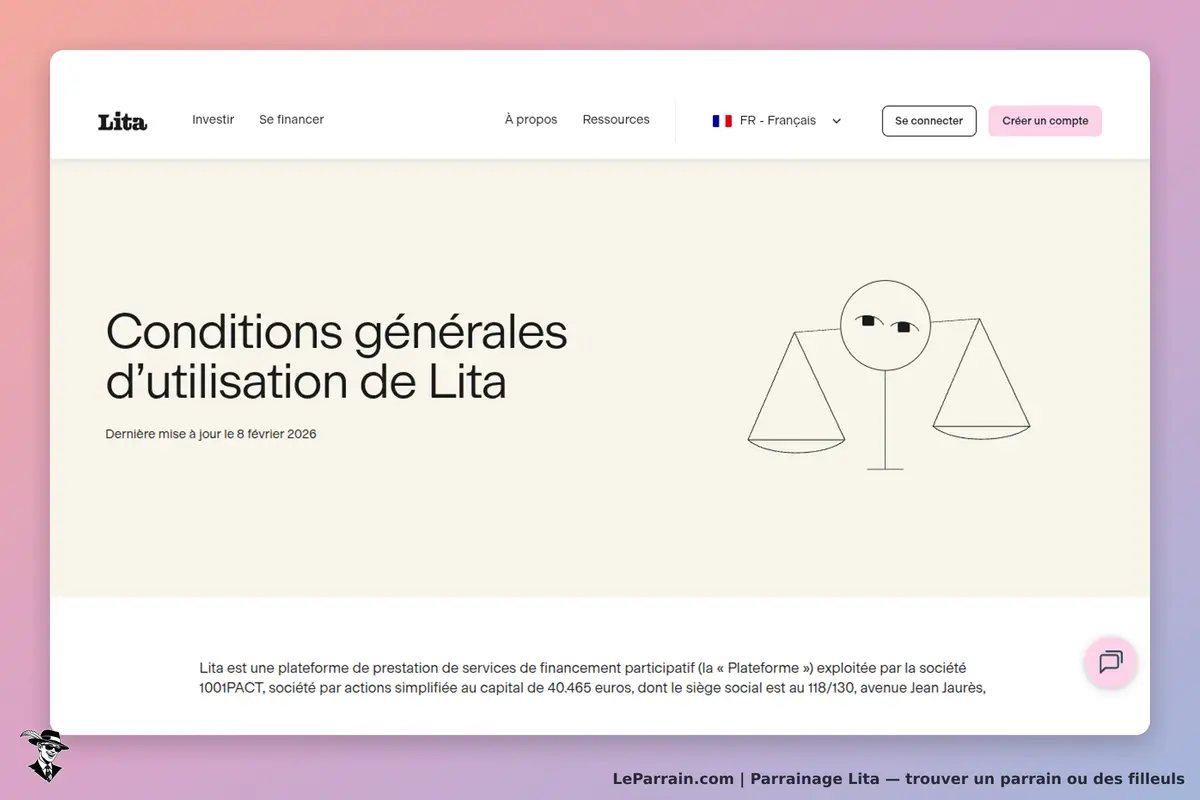 Lita : conditions générales d'utilisation avec un graphique de balance et des informations légales